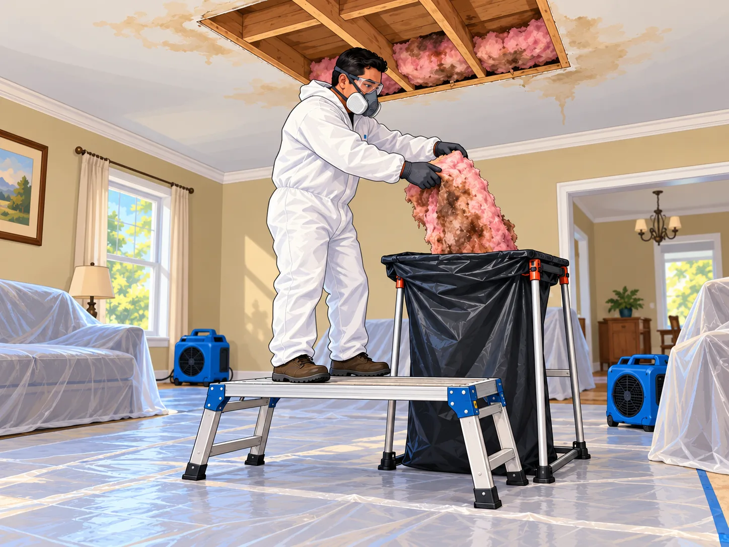 Technician removing wet insulation from a ceiling