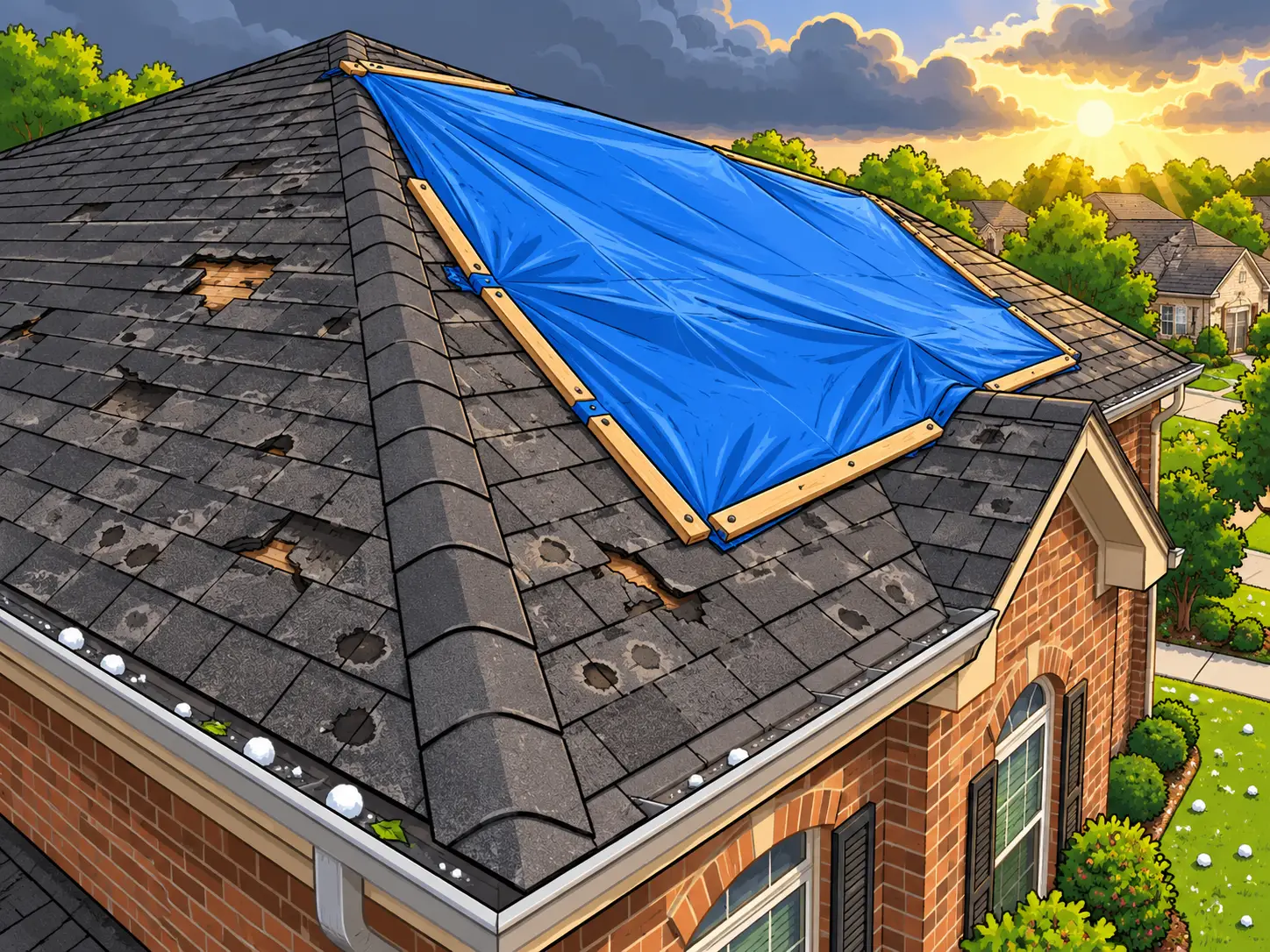 Blue tarp secured with battens over a hail-damaged shingle roof