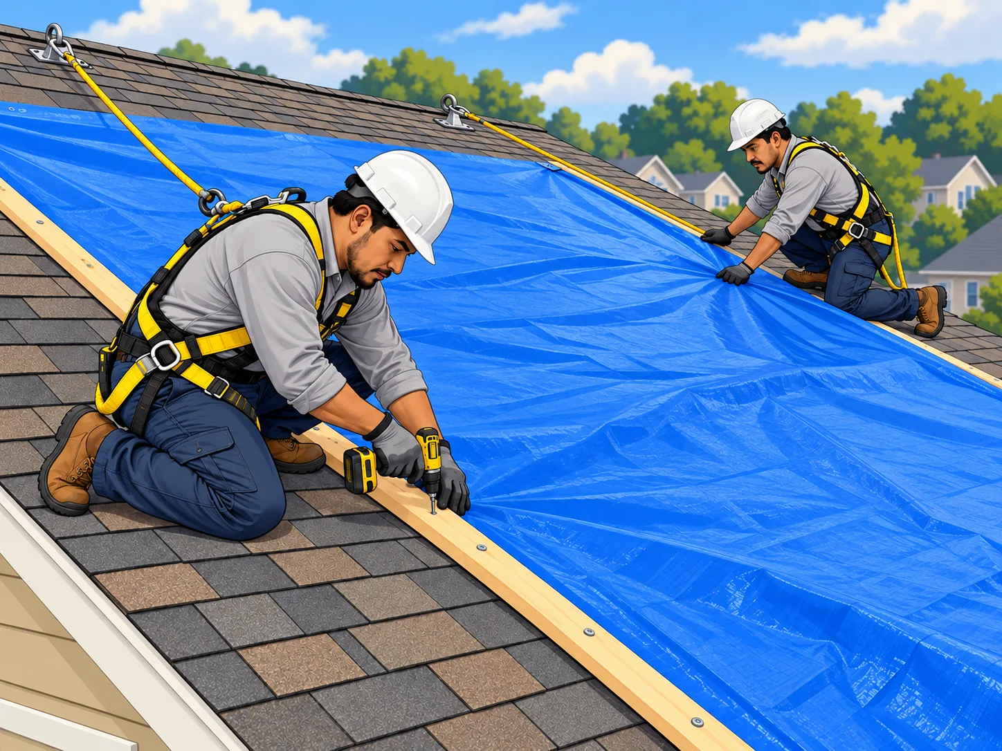 Crew securing a tarp on a roof slope