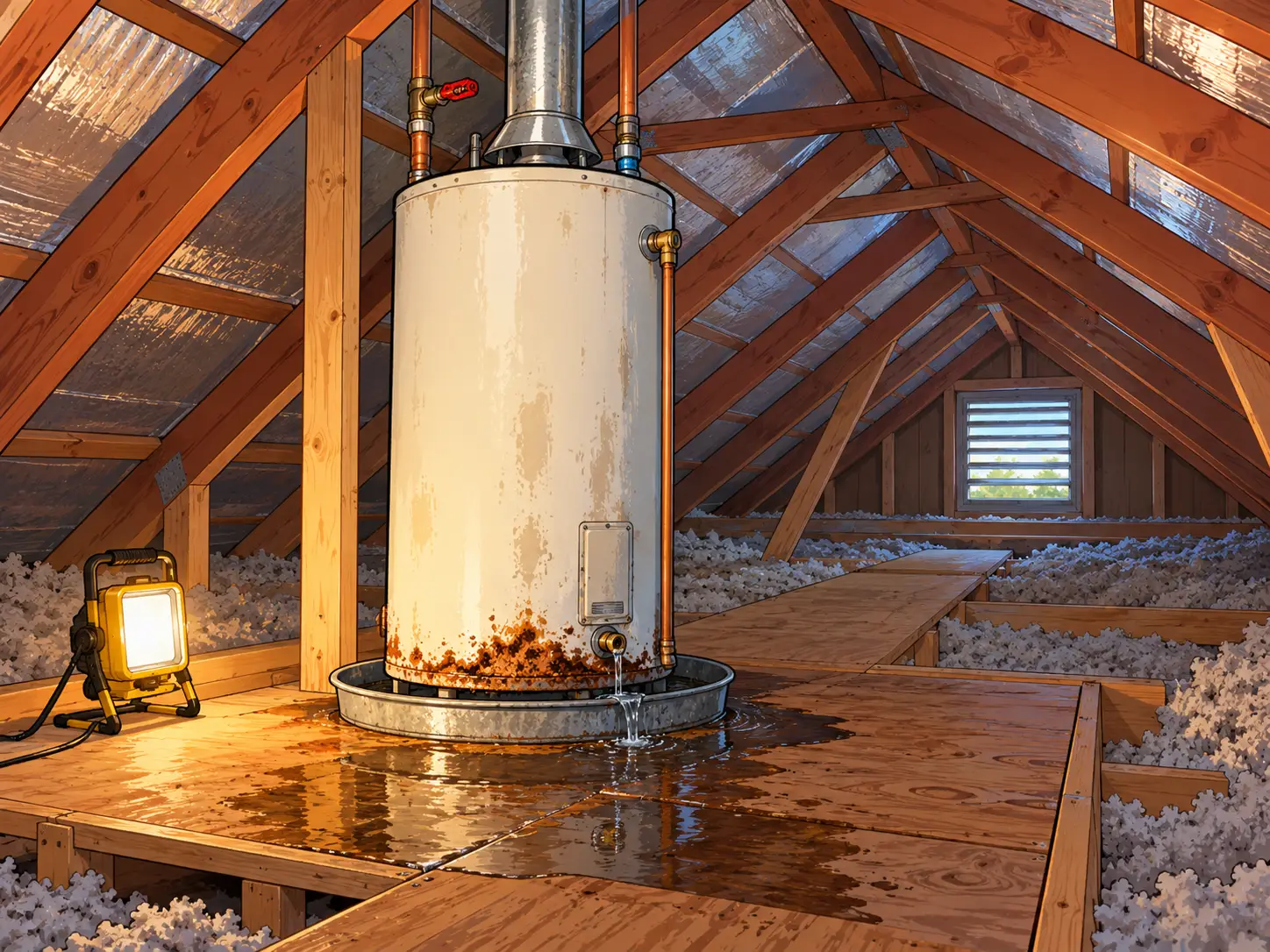 Attic water heater with a rusted, leaking tank