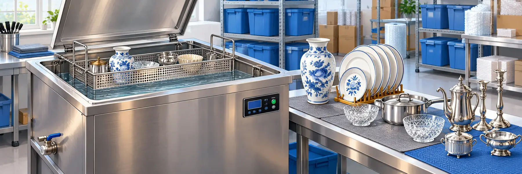 Ultrasonic cleaning tank beside restored china, crystal, and silver hard goods