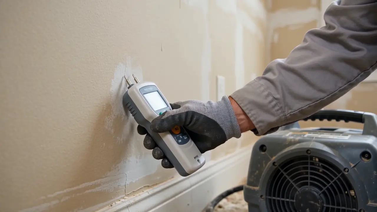 Gloved technician pressing a moisture meter against lower drywall while an air mover runs along the baseboard
