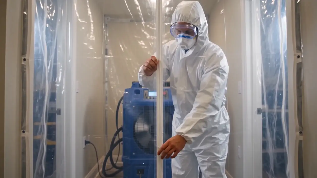 Technician in a white protective suit, respirator and goggles closing a plastic containment wall, with a blue air scrubber running inside