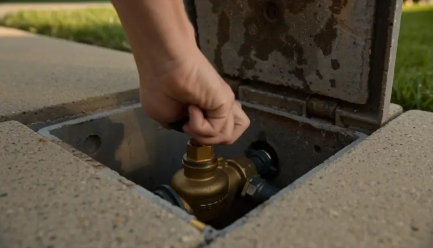 Hand turning the main water valve inside a curbside meter box