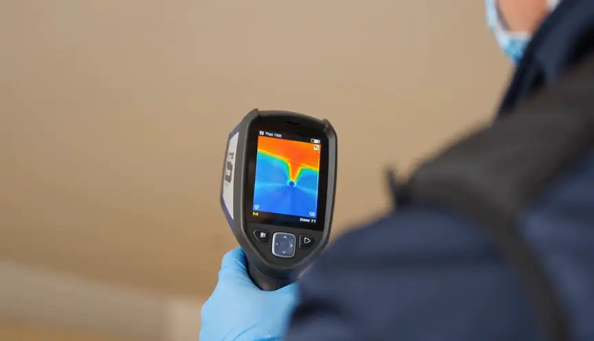 Technician aiming a thermal camera at a dry-looking ceiling; the screen shows a cool blue patch of hidden moisture