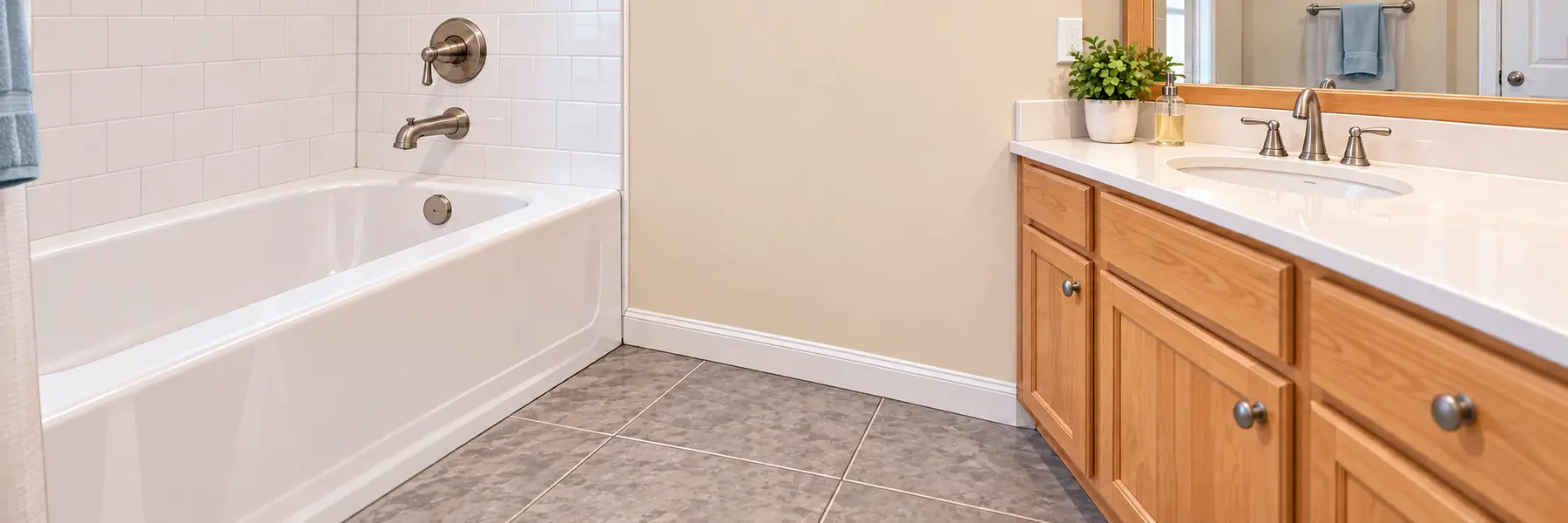 Restored bathroom with repaired wall and dry tile floor