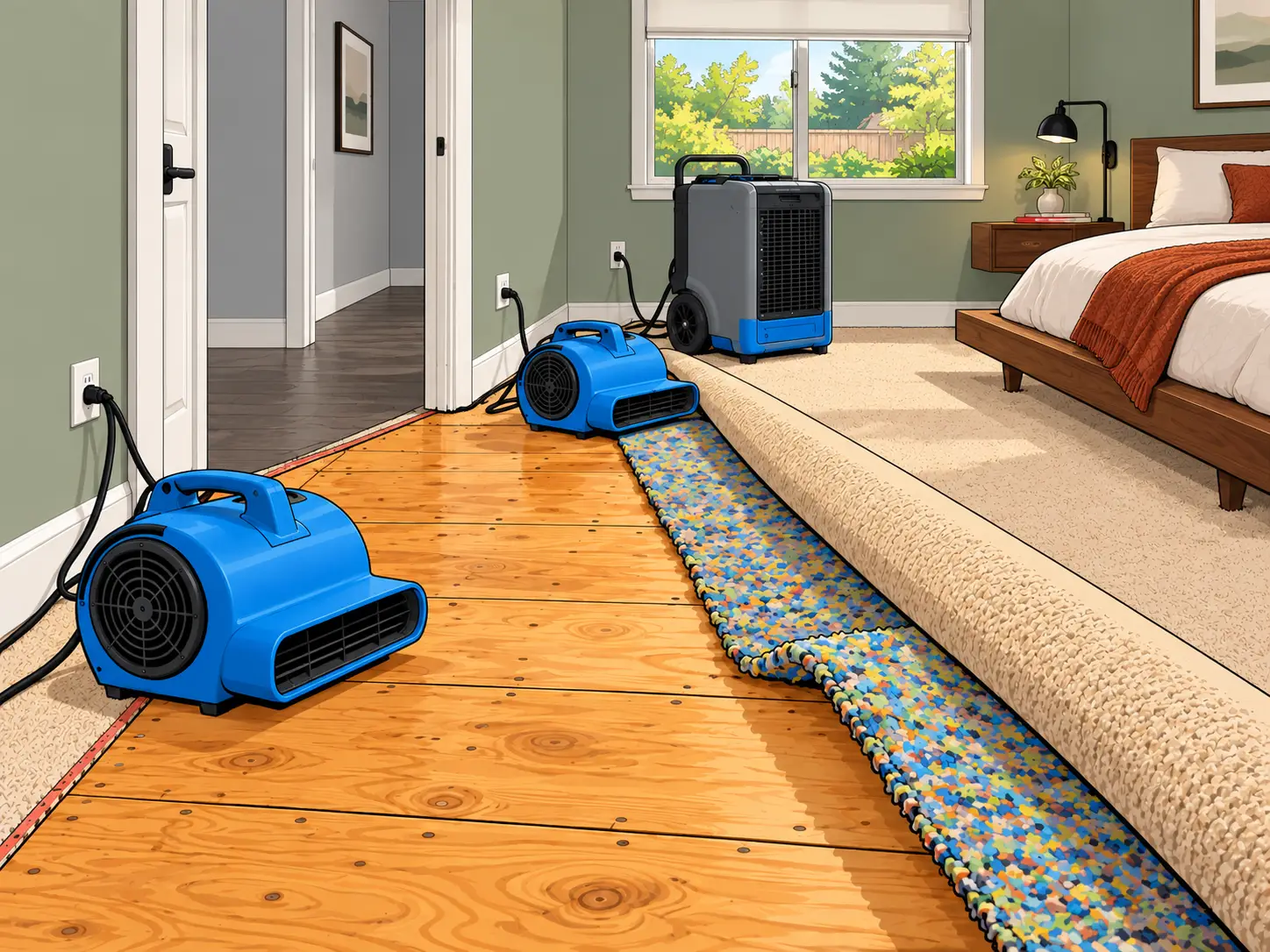 Wet carpet pulled back in a bedroom with air movers running
