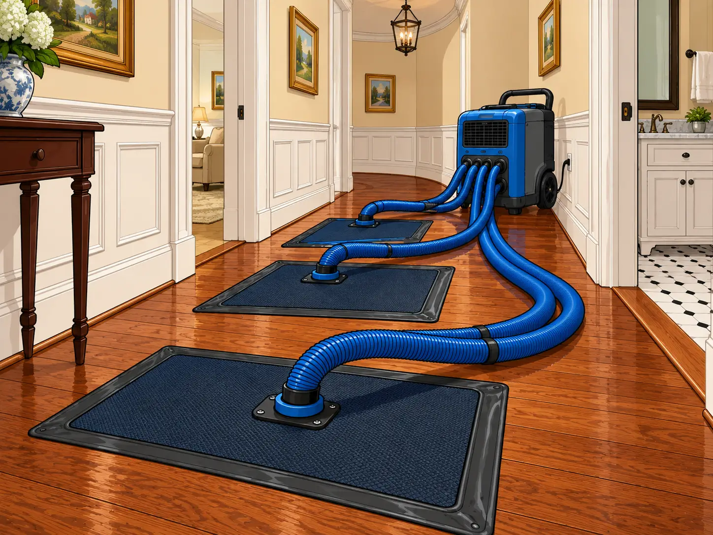 Floor drying mats on hardwood in a hallway