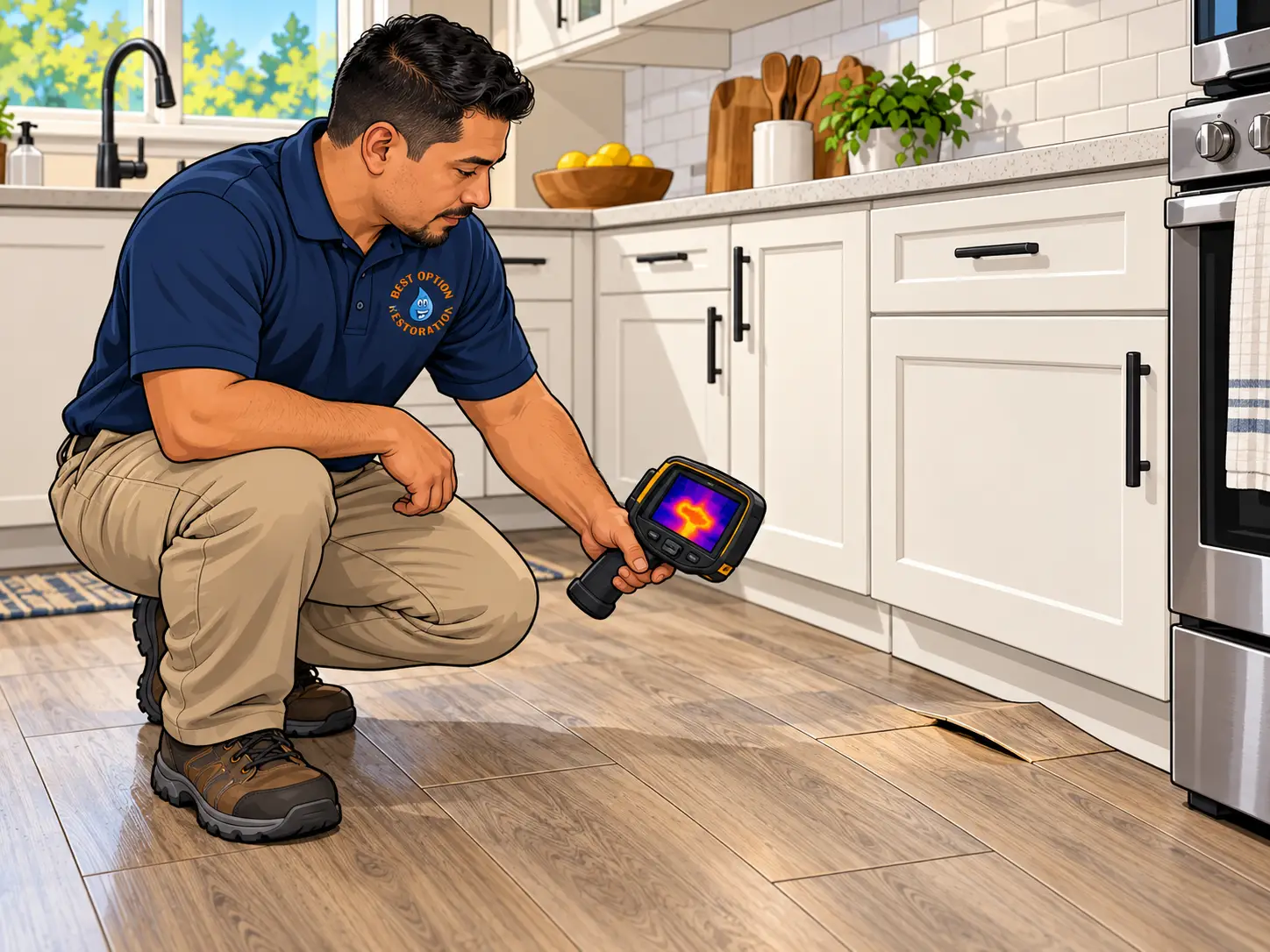 Technician scanning a kitchen floor with a thermal camera