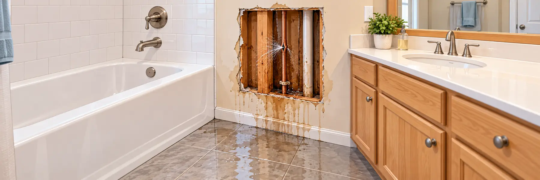 Burst copper pipe behind an opened bathroom wall with water on the floor
