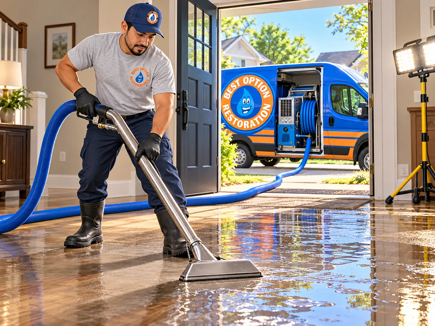 Technician extracting water from a flooded floor with a truck-mount unit running from the van
