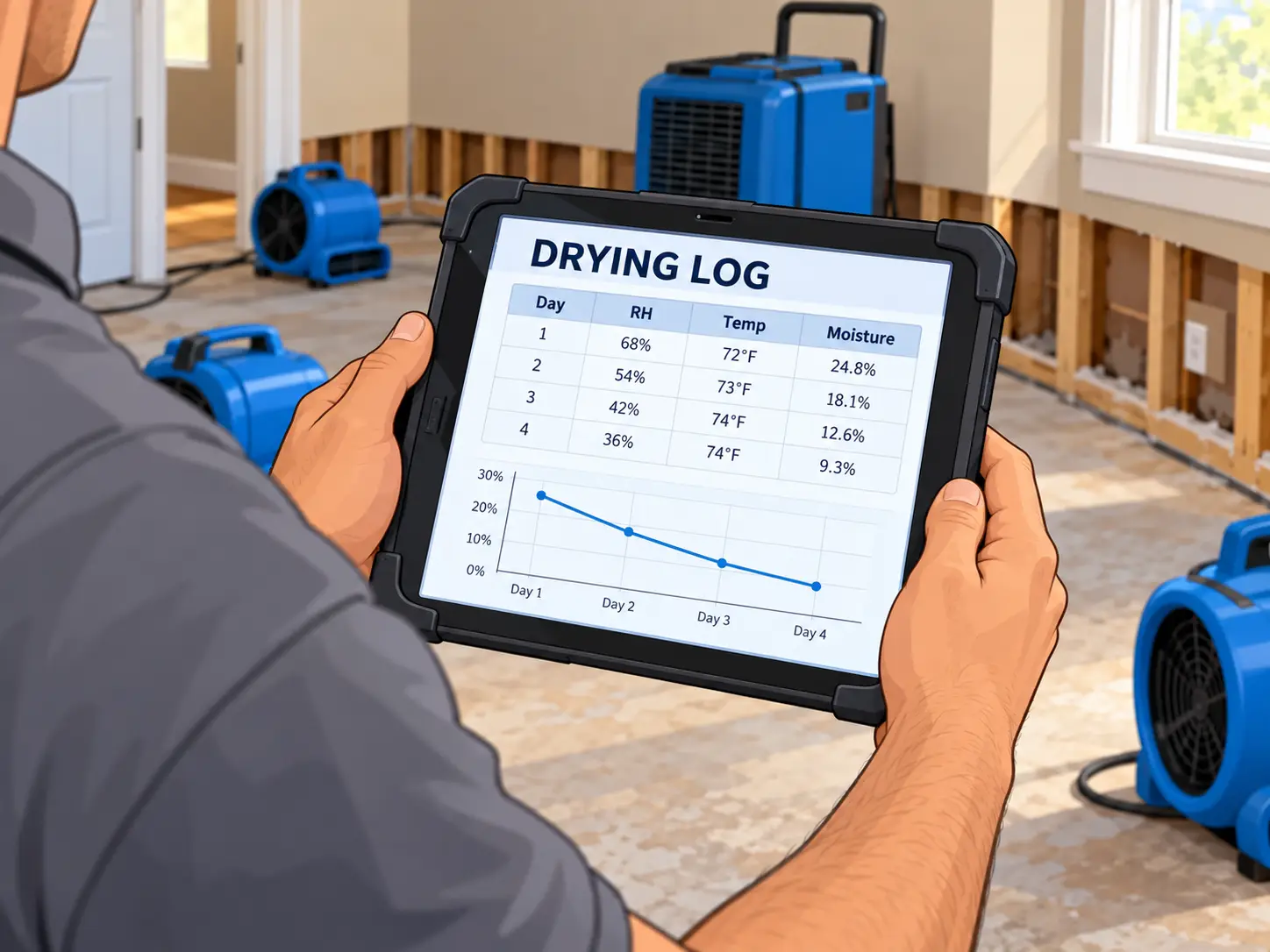 Technician reviewing a drying log on a tablet