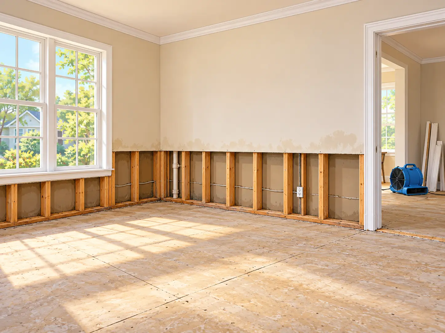 Clean flood cuts in drywall exposing wall framing