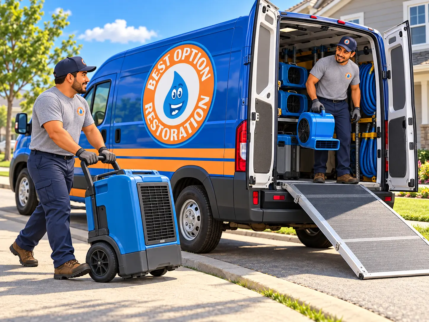 Crew loading drying equipment into the van at the curb