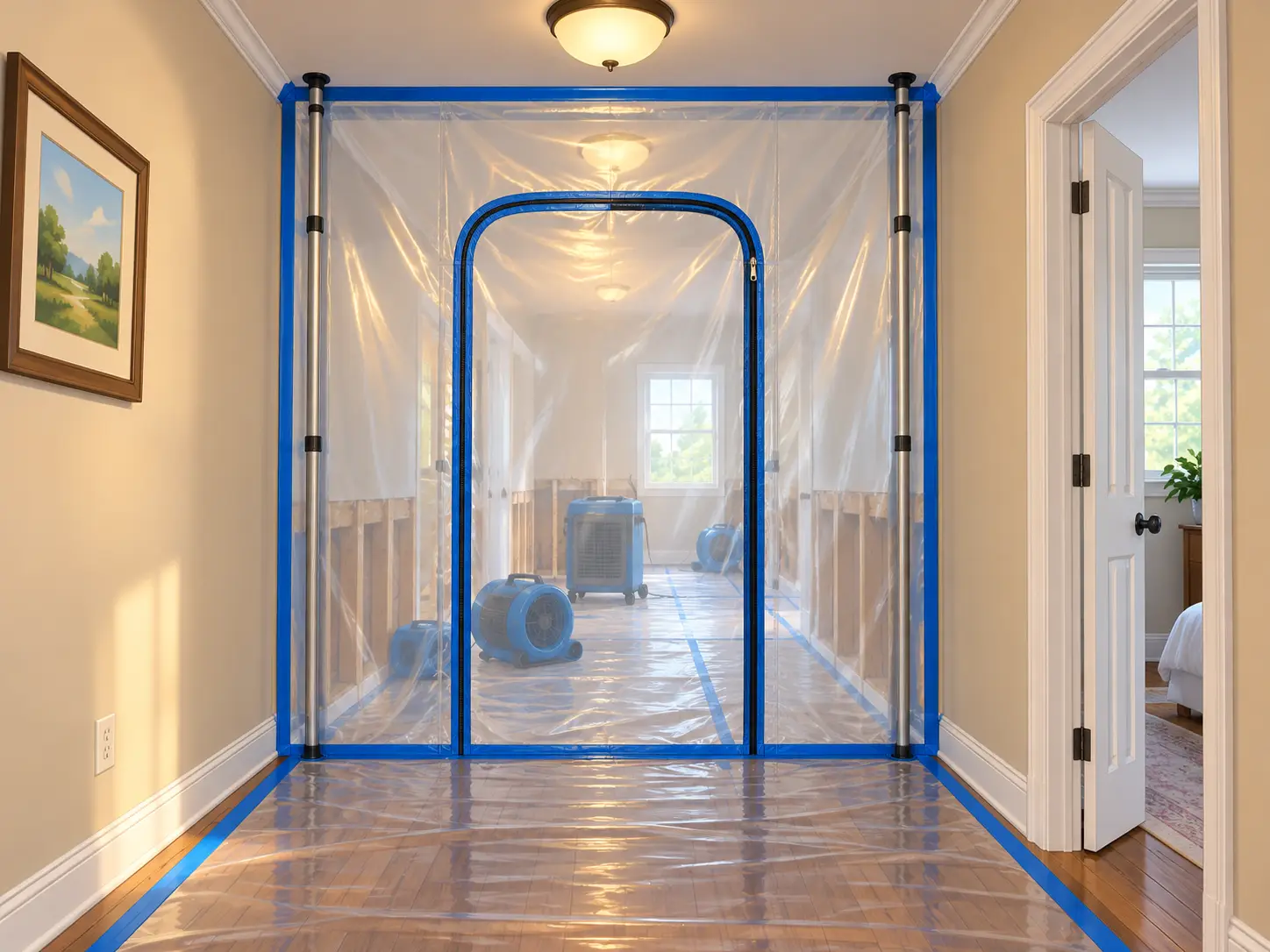 Sealed plastic containment with a zip door in a hallway