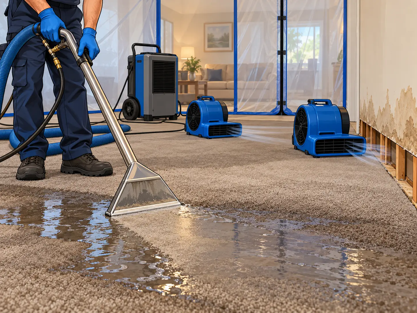 Extraction wand pulling water from wet carpet with air movers running