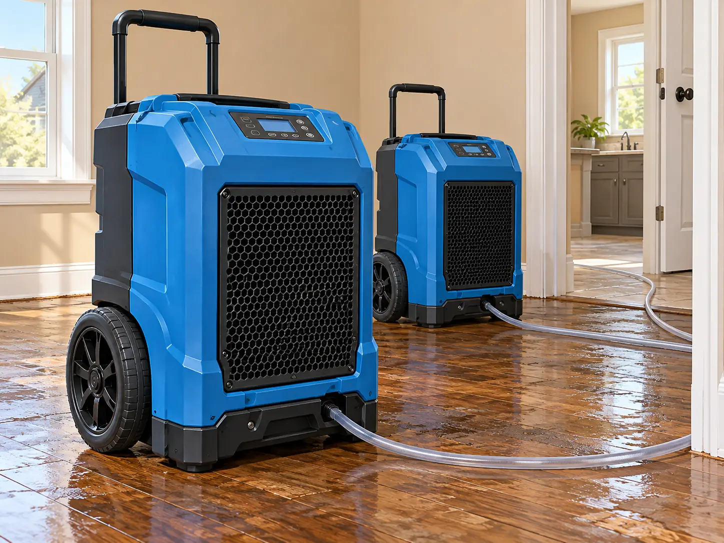 LGR dehumidifiers running on a wet hardwood floor