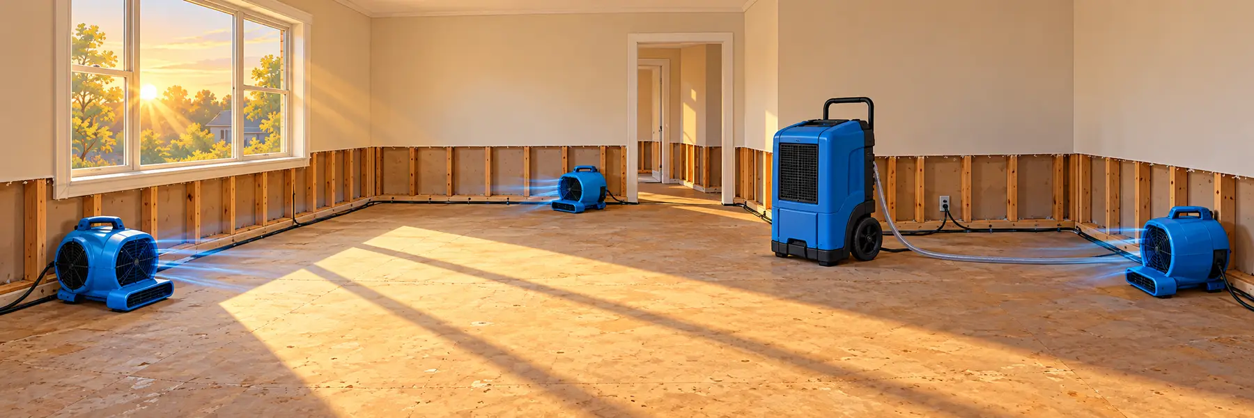 Sunlit room with flood cuts, air movers and a dehumidifier running
