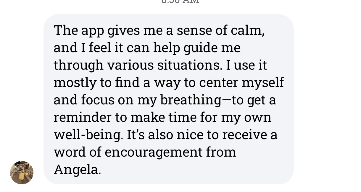 A beta tester's message about the relief flow and Angela's voice.