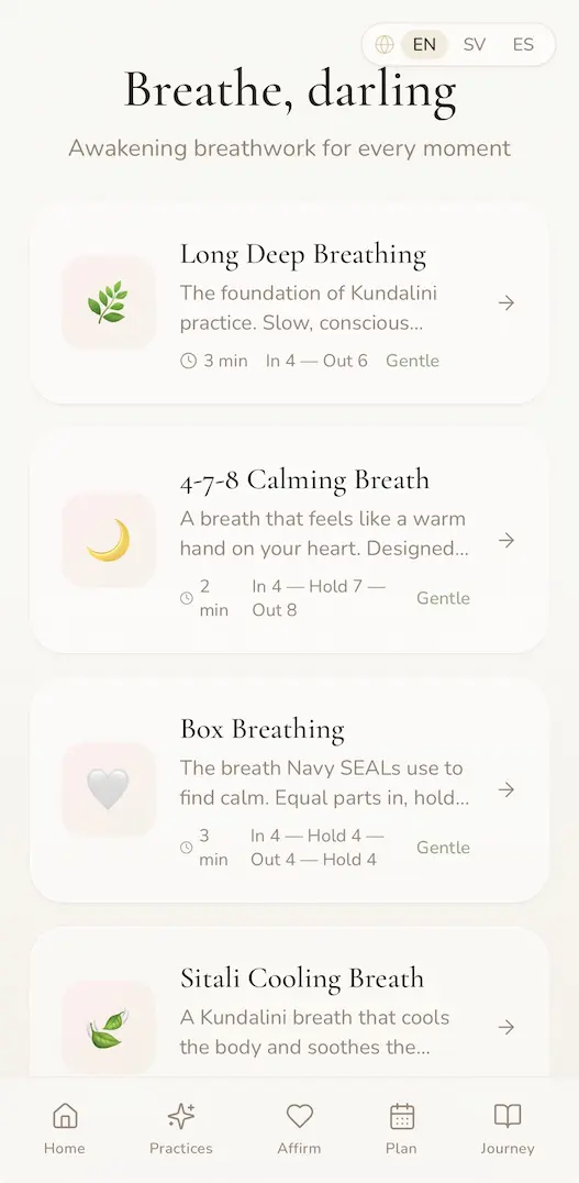 A short breathwork and meditation screen in All Is Well, Darling.