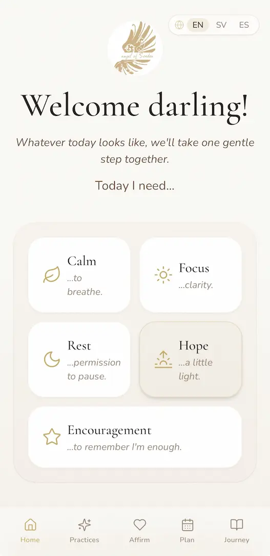 The Today I need screen showing Calm, Focus, Rest, Hope and Encouragement.