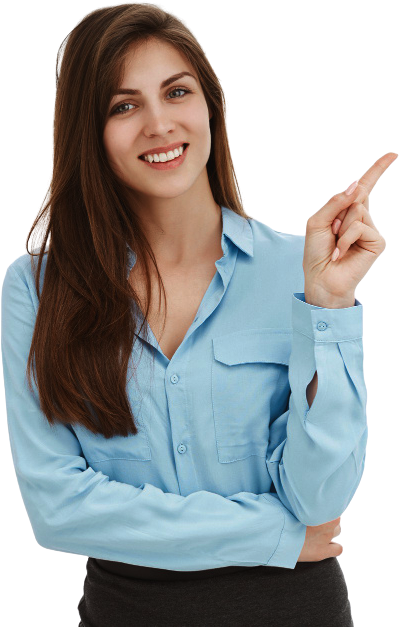 Smiling woman in a light blue shirt pointing, representing client-focused IT solutions and proactive support for businesses.