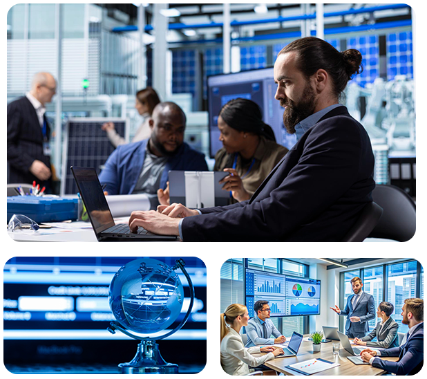 Business professionals collaborating in a modern IT workspace, featuring a man using a laptop, team discussions, and data analysis on screens, highlighting managed IT services and technology solutions.