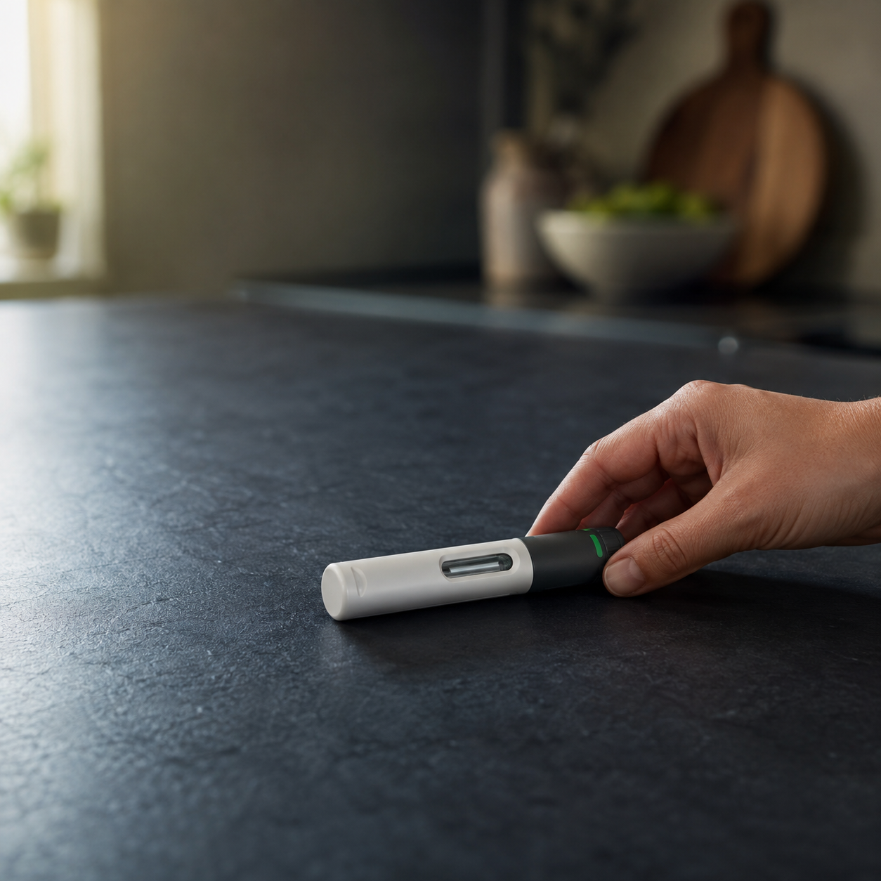 A hand placing an unbranded GLP-1 injection pen on a kitchen counter