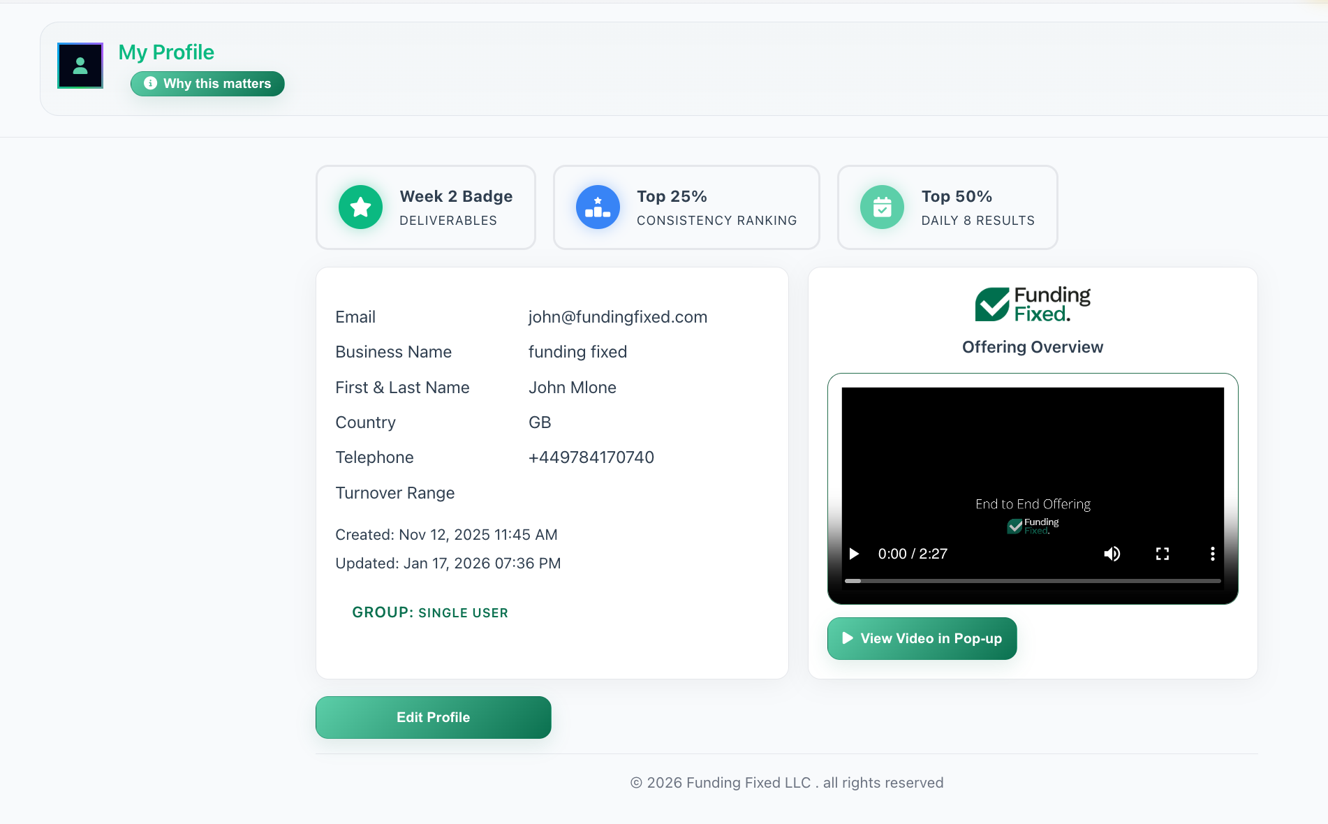 Funding Academy profile dashboard