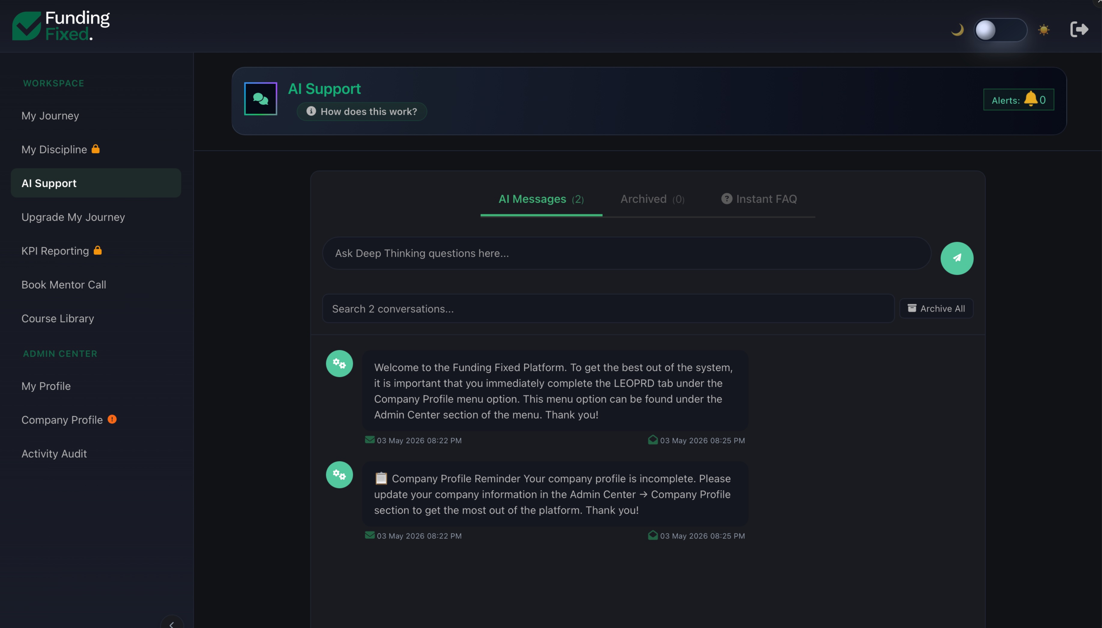 AI Support &mdash; deep thinking assistant inside the Funding Fixed platform