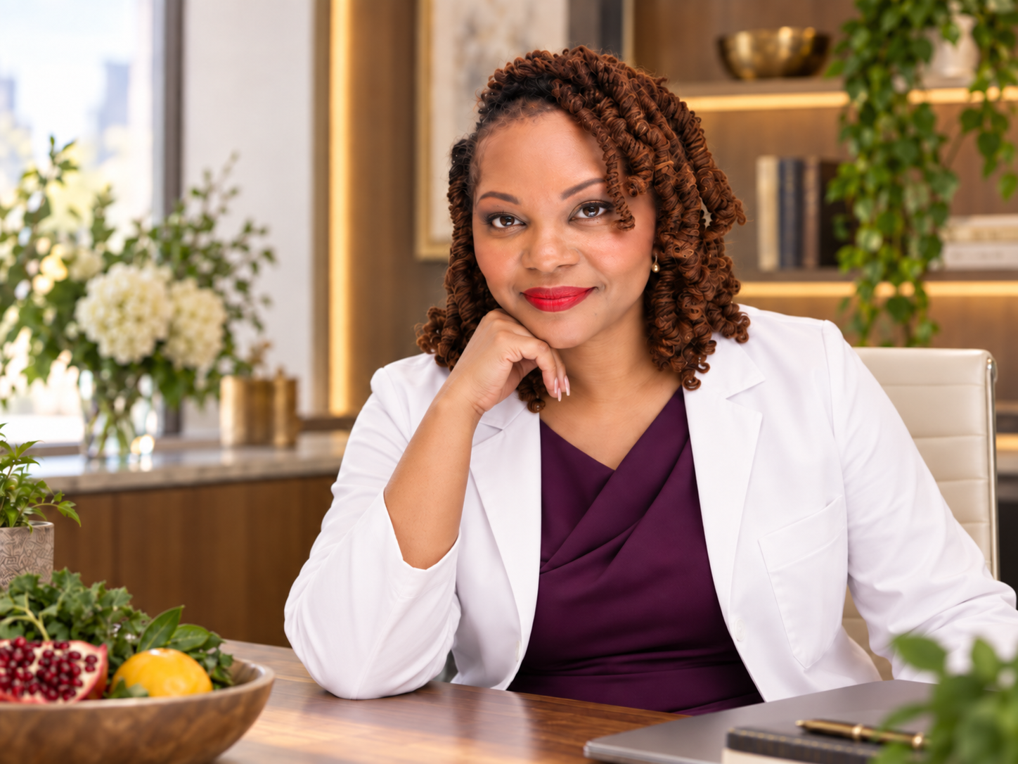 Dr. Naija, DFM, PhD, at her consultation desk with clinical and culinary medicine features