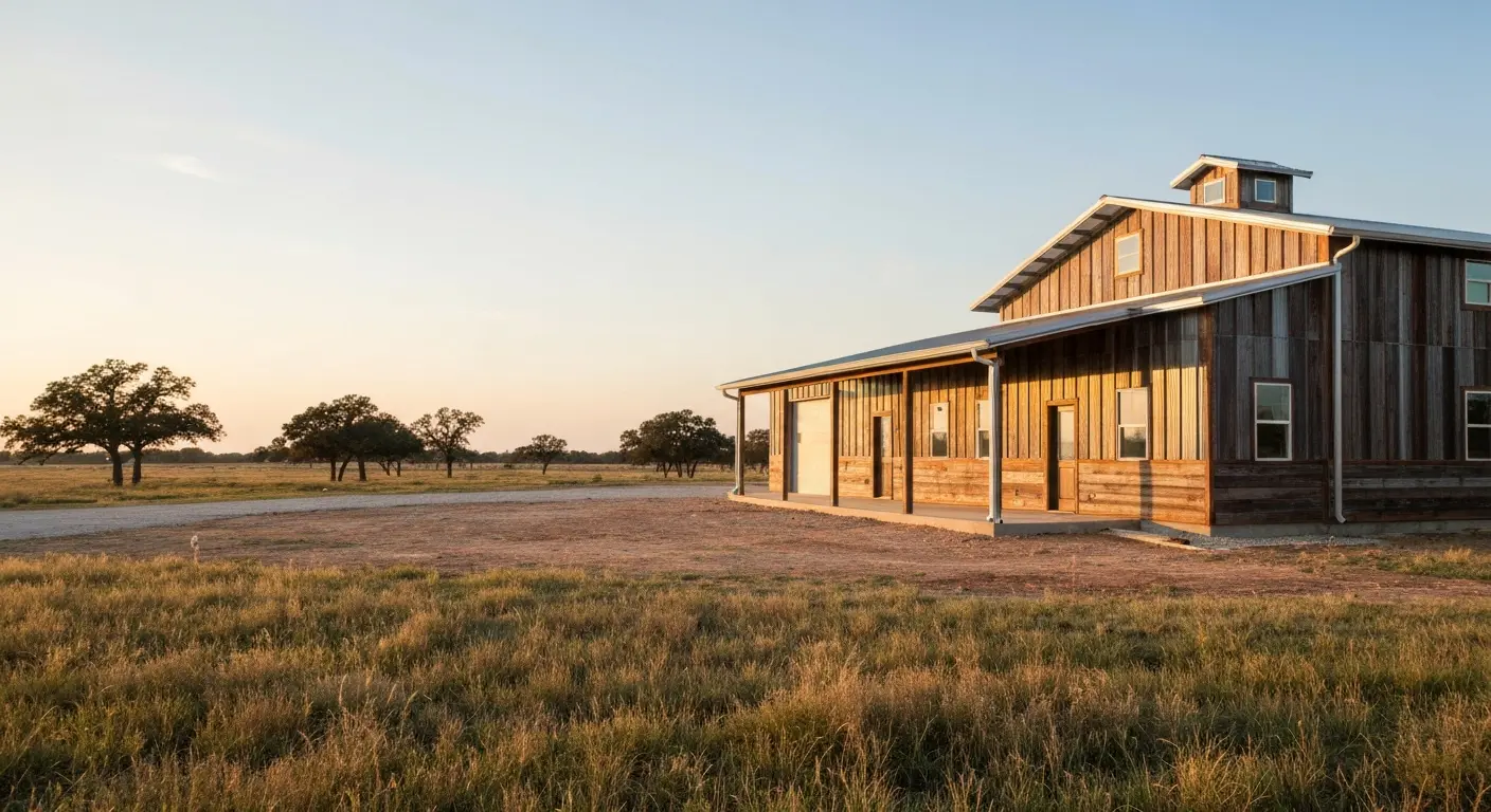 Barndominium with metal frame and rustic style