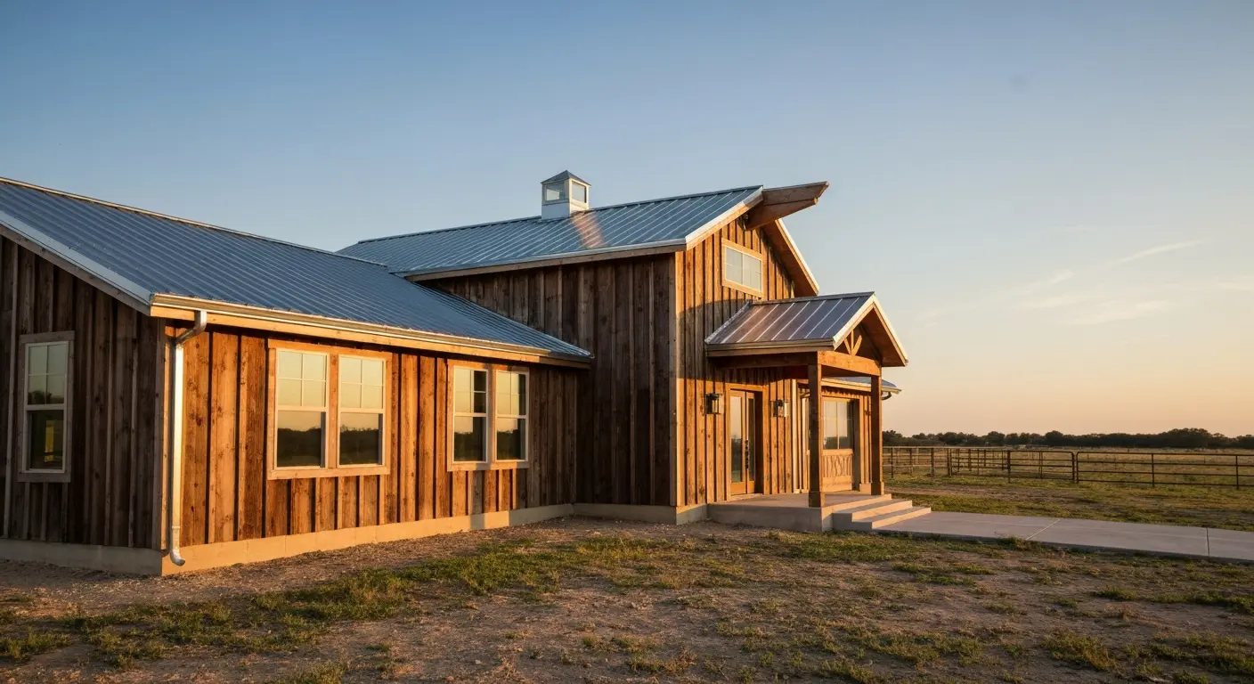 Barndominium with rustic exterior and modern finishes