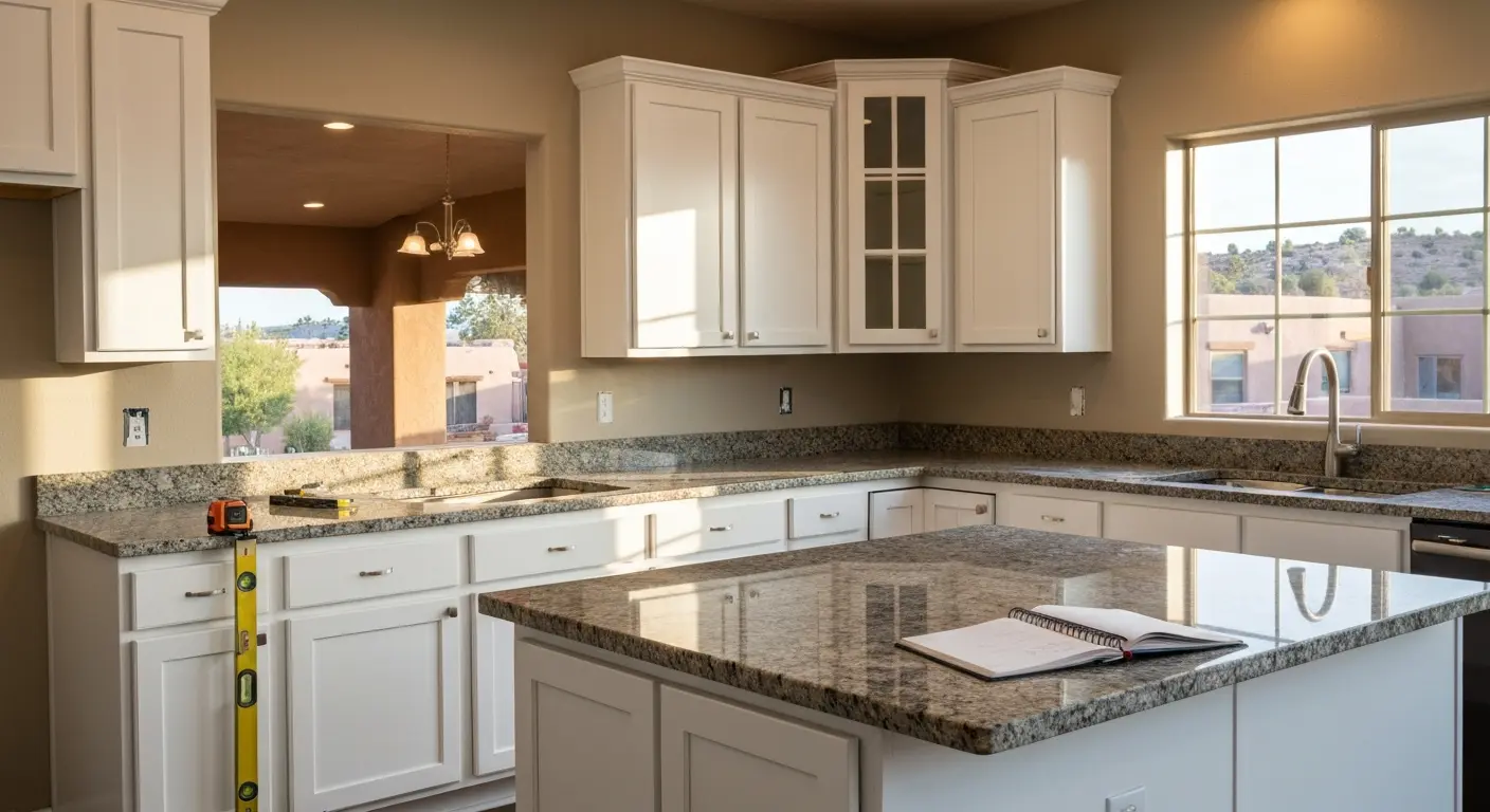 Kitchen remodel with white cabinetry and granite counters