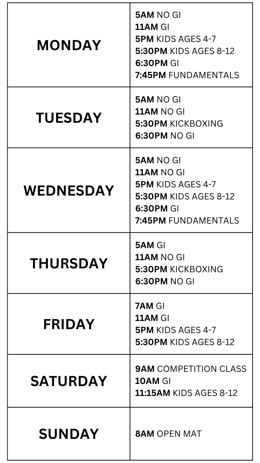 freedom jiu jitsu schedule