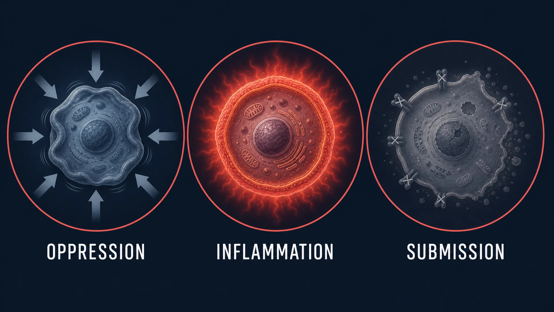 Three cellular disasters: Oppression, Inflammation, and Submission