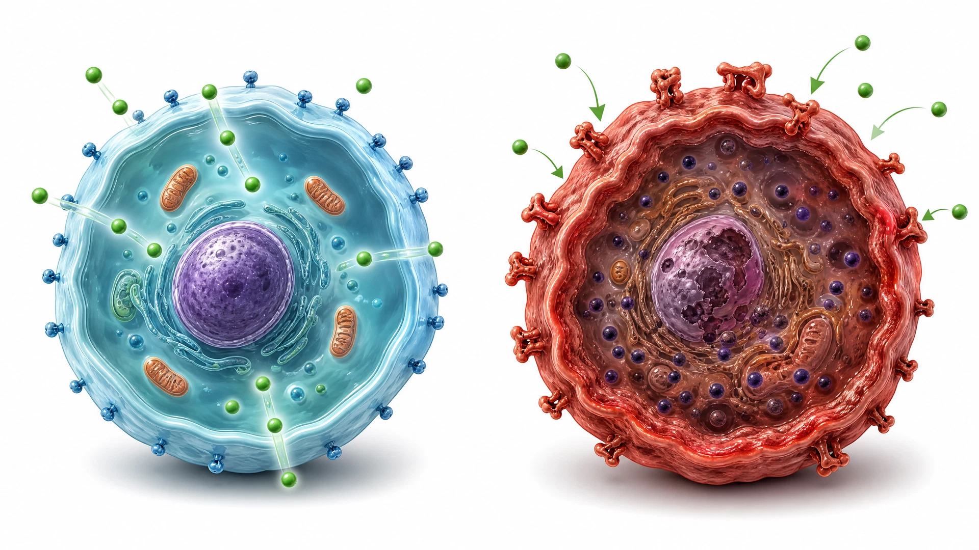 Healthy cell with fluid membrane vs inflamed cell with rigid, blocked membrane