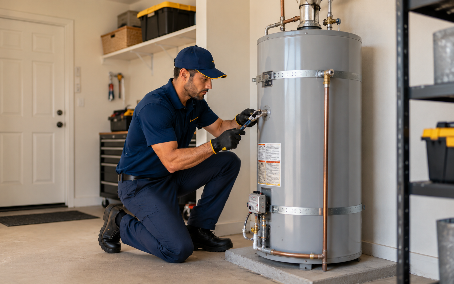 Professional plumber inspecting residential plumbing equipment