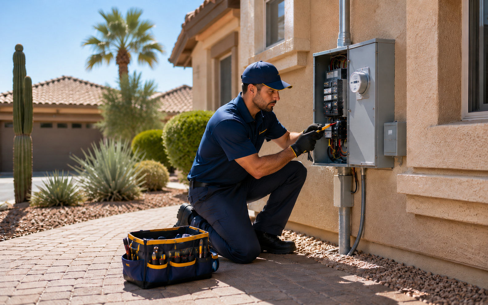 Licensed residential electrician inspecting an electrical panel