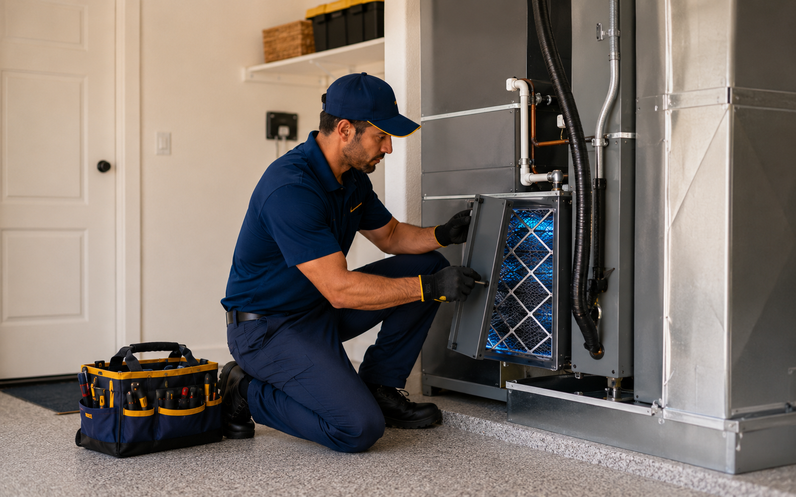 HVAC technician servicing a residential indoor air-quality system