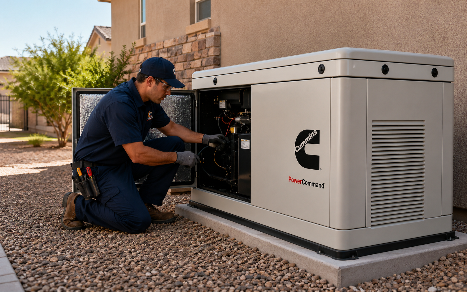 Permanently installed Cummins standby generator beside a residential home