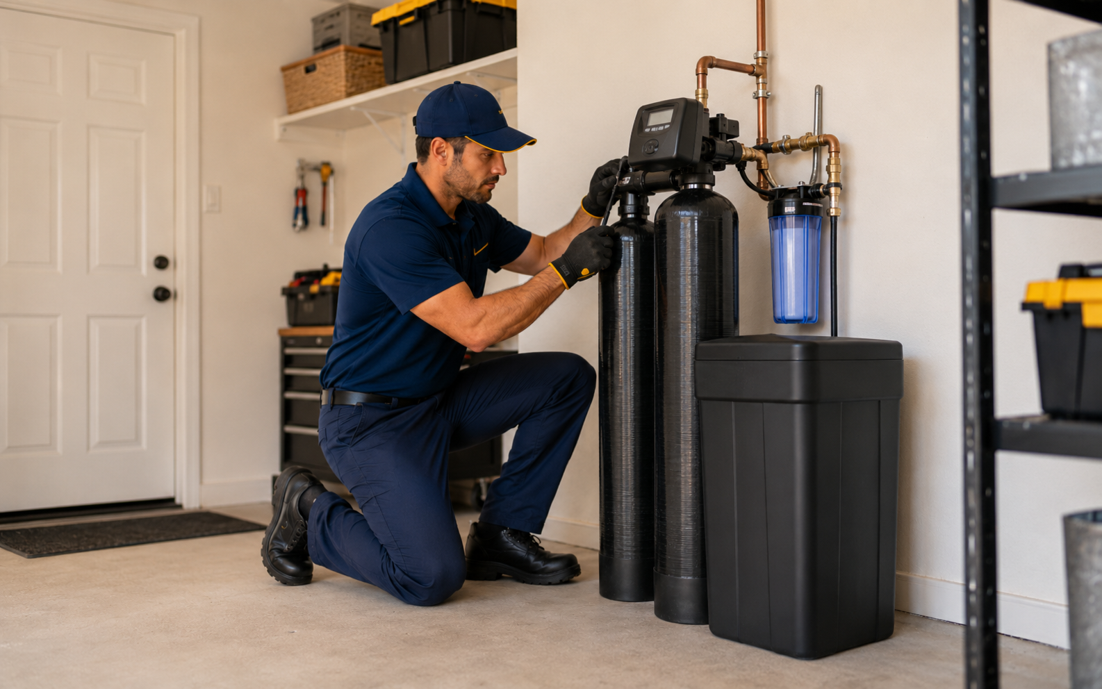 Technician inspecting a residential whole-home water treatment system