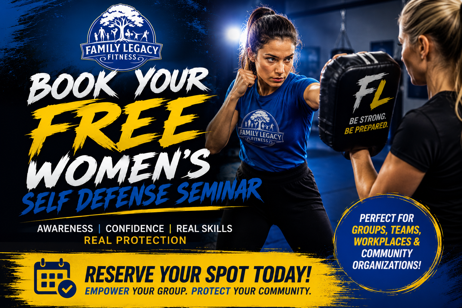 Women participating in a free self-defense seminar focused on personal safety, situational awareness, and practical protection skills.