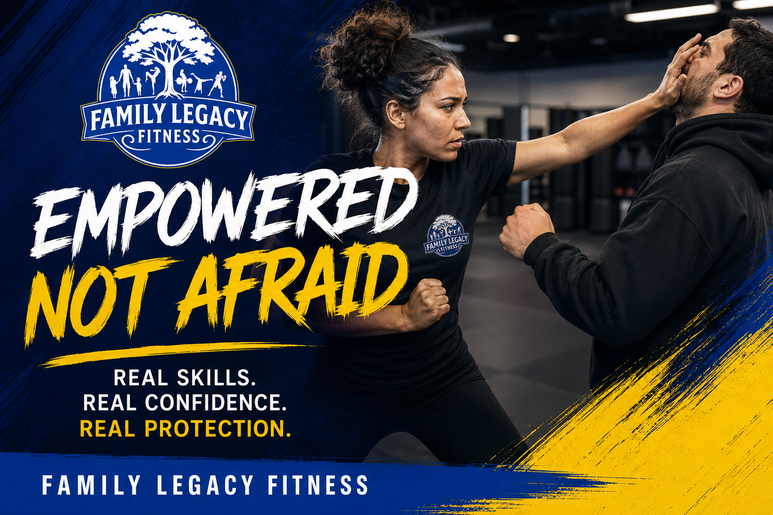Woman throwing a powerful punch while learning practical women's self-defense and Krav Maga skills at Family Legacy Fitness.