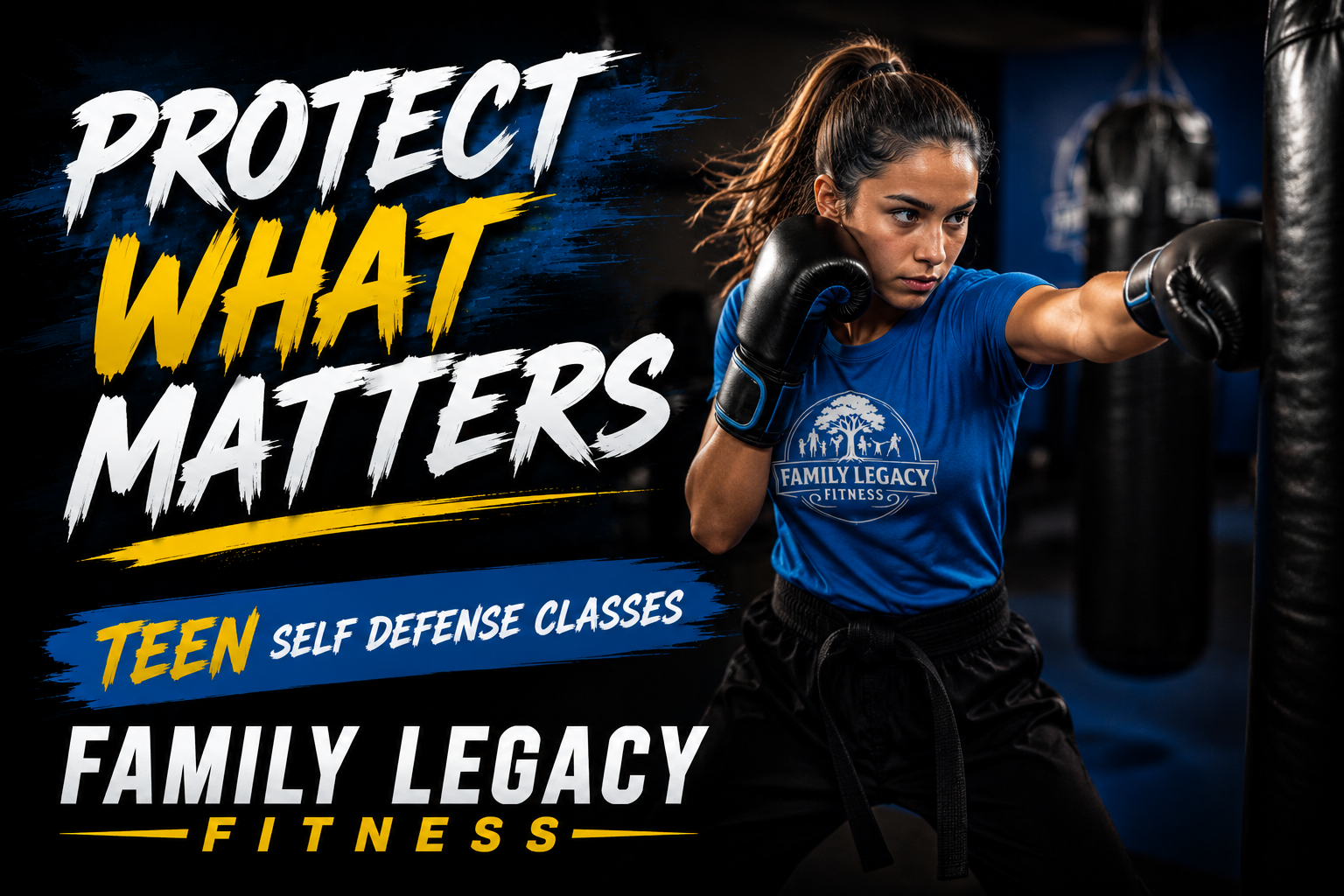 Teenager wearing a blue Family Legacy Fitness shirt and black training pants practicing boxing for self-defense and confidence.