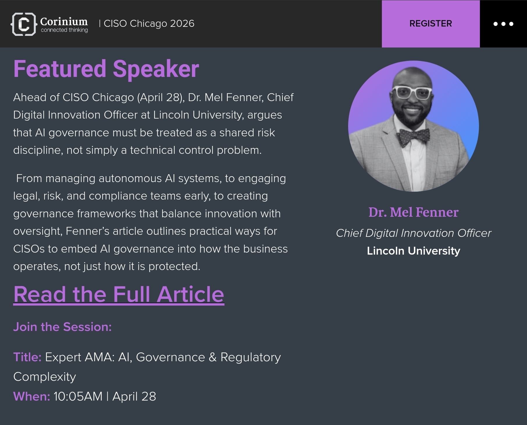 Dr. Mel Fenner - Featured Speaker at CISO Chicago 2026