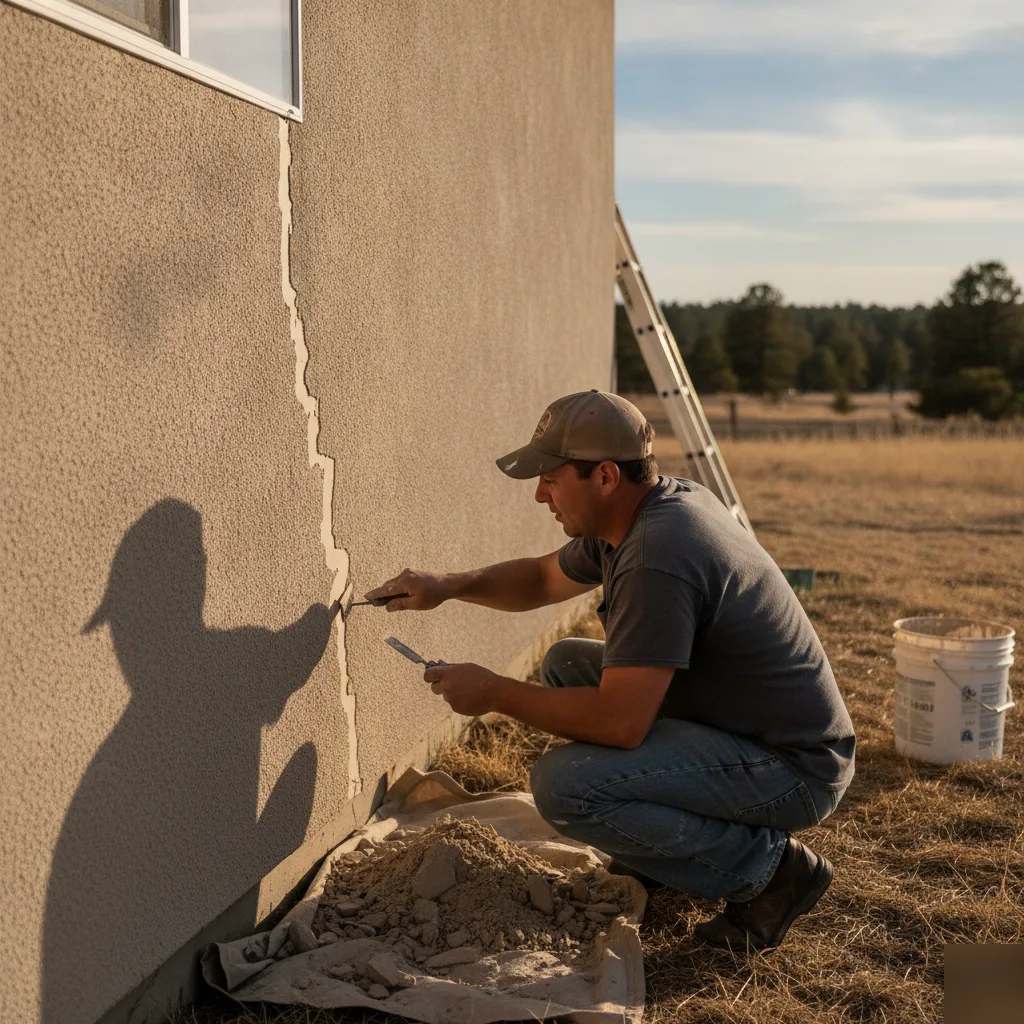 Close-up of hairline stucco crack being measured on Peyton exterior wall