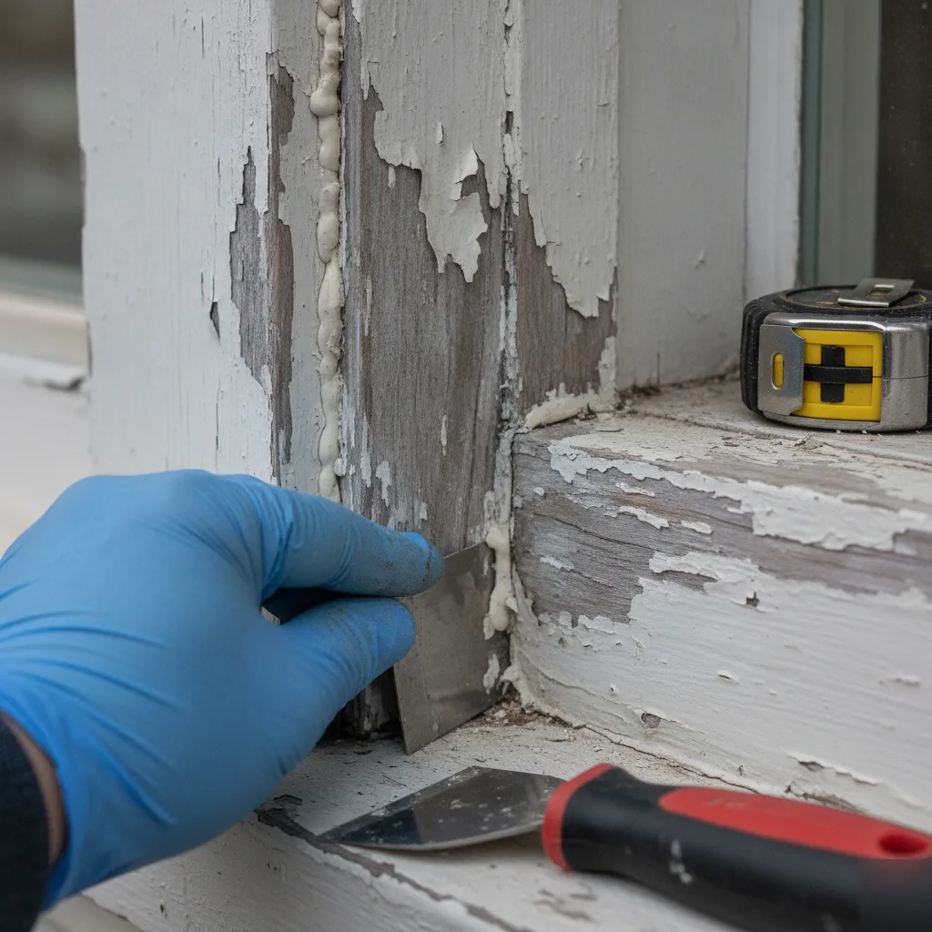 Close-up of peeling paint and cracked trim on commercial building in Peyton