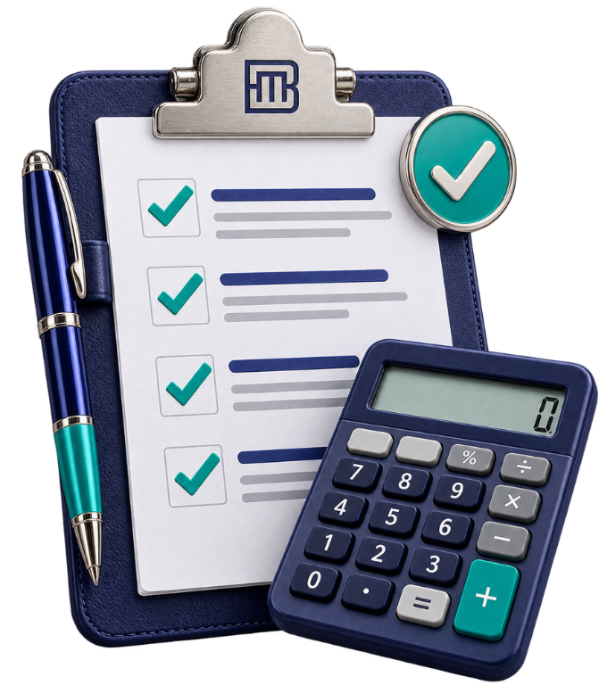 Benchmark clipboard with checked tax preparation items, pen, and calculator