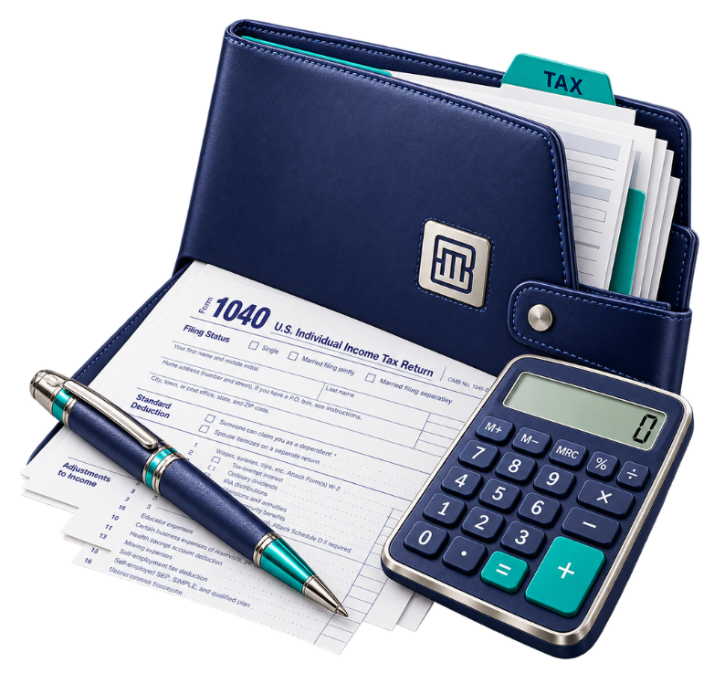 Tax return documents with a Benchmark folder, pen, and calculator